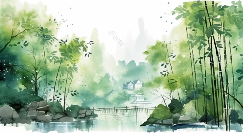 绿色竹林深处木桥村庄风景背景,插画/手绘图,插画/手绘图库,插画/手绘图下载,插画/手绘